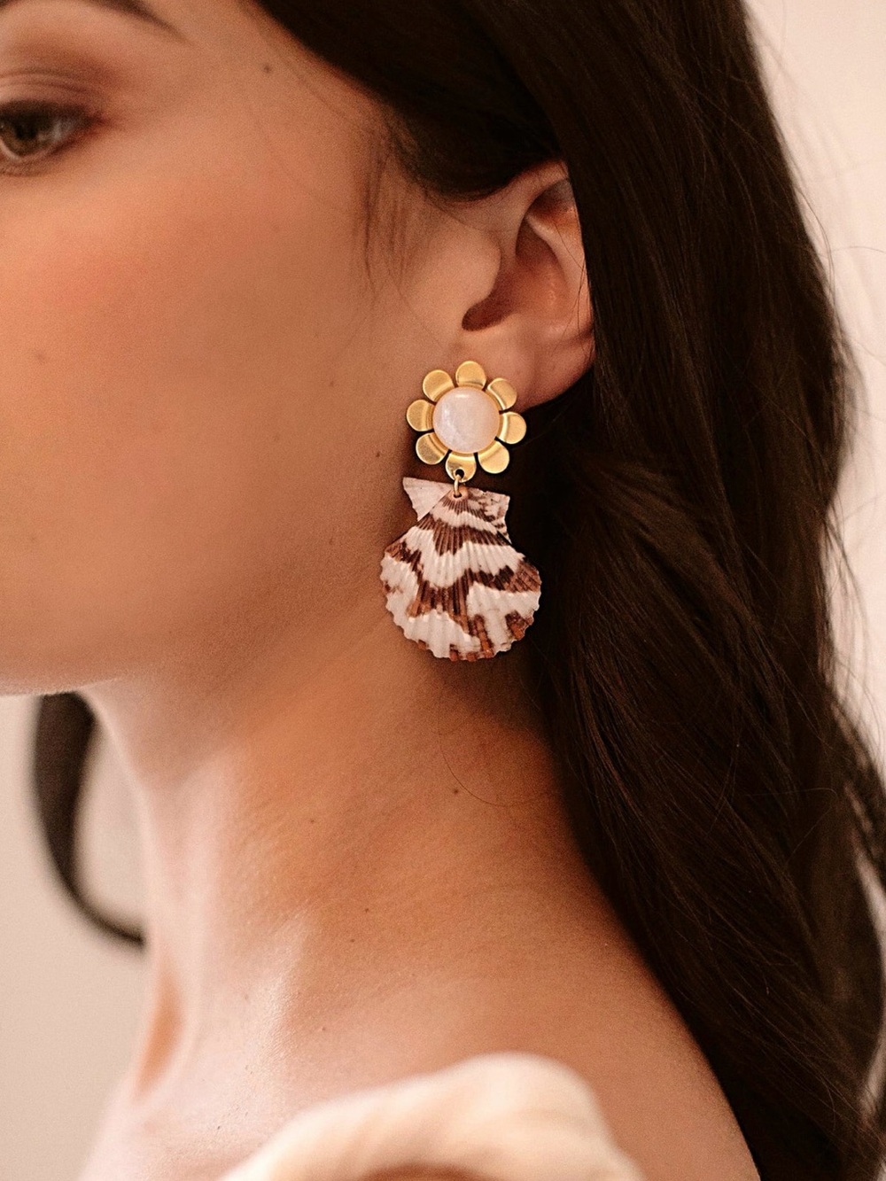 Brinker + Eliza Gold Floral Earrings with Cream and Brown Shell Drops
